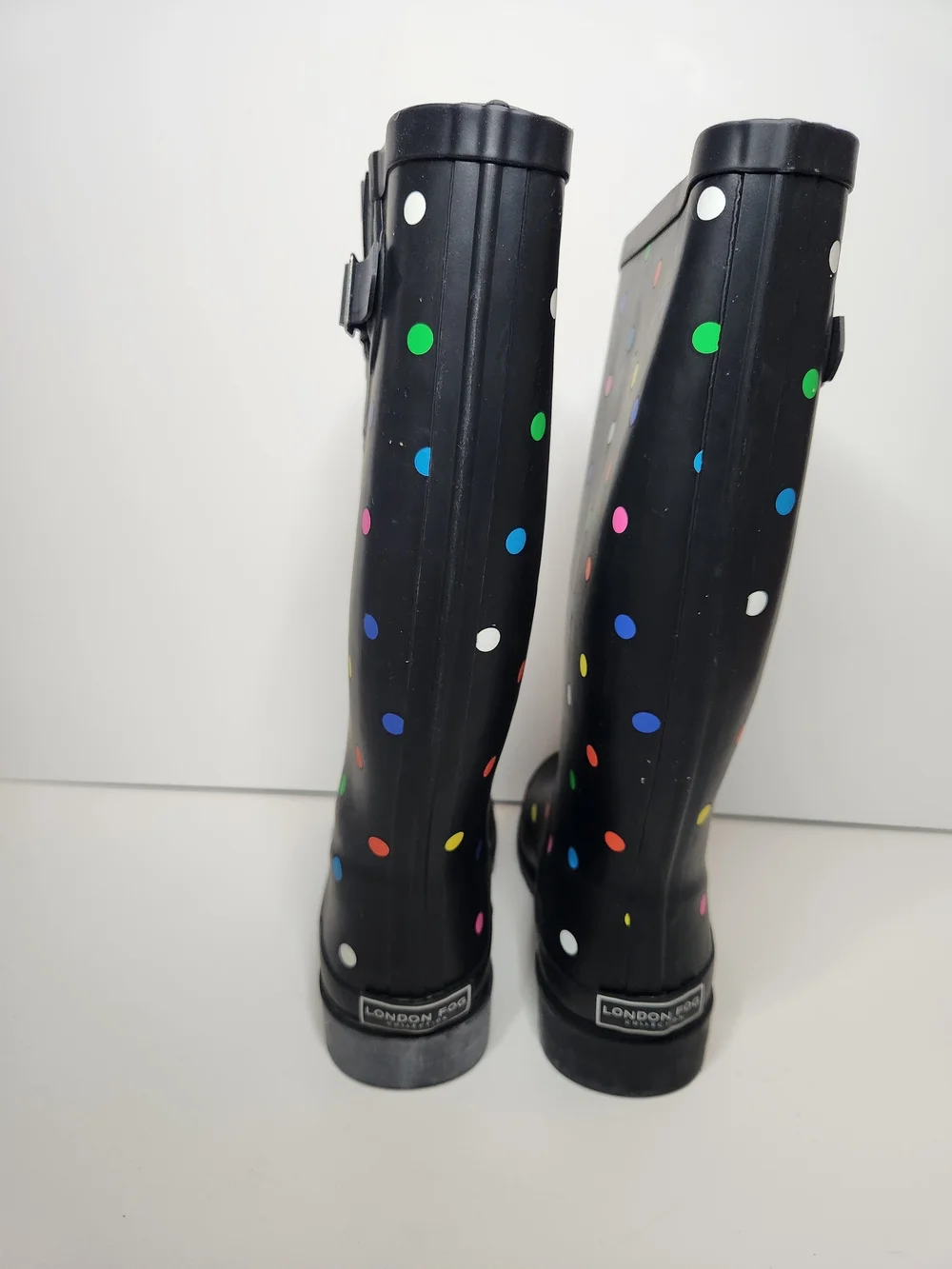 London Fog Black Rain Boots with Multicolor Polka Dots